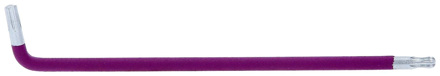 Ein violetter Winkelschraubenschlüssel aus Metall mit zwei unterschiedlich großen Enden, die in entgegengesetzte Richtungen zeigen.