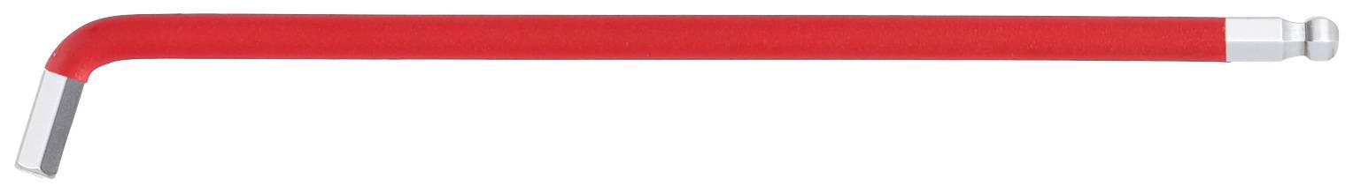 Ein roter Inbusschlüssel mit einem silbernen Kopf, in L-Form.