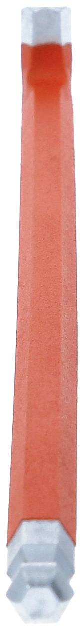 Roter sechseckiger Bleistift mit silberner Spitze und Endstück, ausgerichtet vertikal.