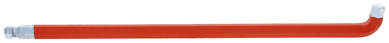 Ein roter Winkelschraubenschlüssel, geformt wie ein L, mit einer silbernen Spitze. Geeignet zum Anziehen oder Lösen von Schrauben.