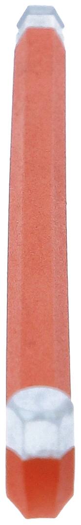 Langer, sechseckiger roter Stift mit blauen Enden, aufrecht stehend.