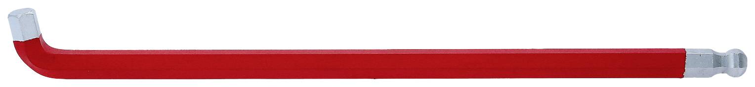 Ein roter L-förmiger Inbusschlüssel aus Metall liegt horizontal, mit einem silbernen Ende rechts. Das obere Ende ist rechtwinklig gebogen.