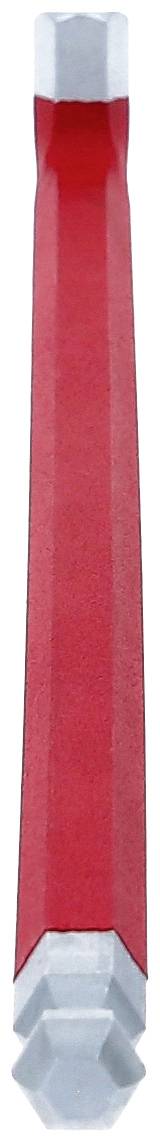 Ein rotes, achtkantiges Schreinerbleistift, schräg von oben fotografiert, mit grauen, abgeschrägten Enden, liegend auf weißem Hintergrund.