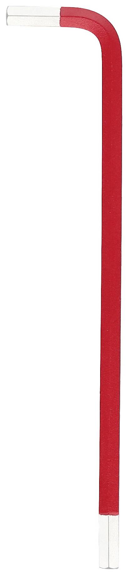 Ein roter Inbusschlüssel mit silbernen Enden, in L-Form.