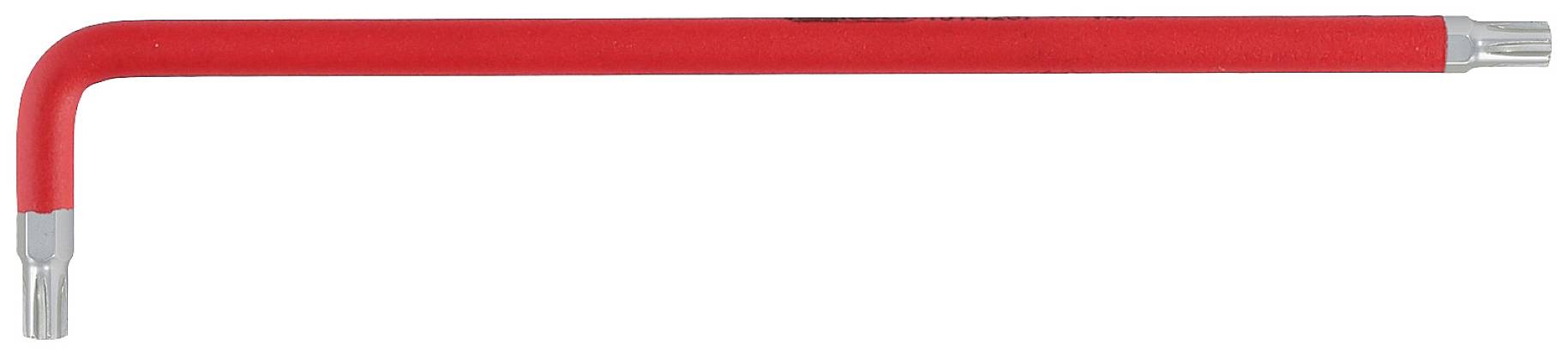 Roter Winkelschlüssel mit Torx-Kopf, überwiegend in L-Form gebogen, verwendet für das Anziehen oder Lösen von Torx-Schrauben.