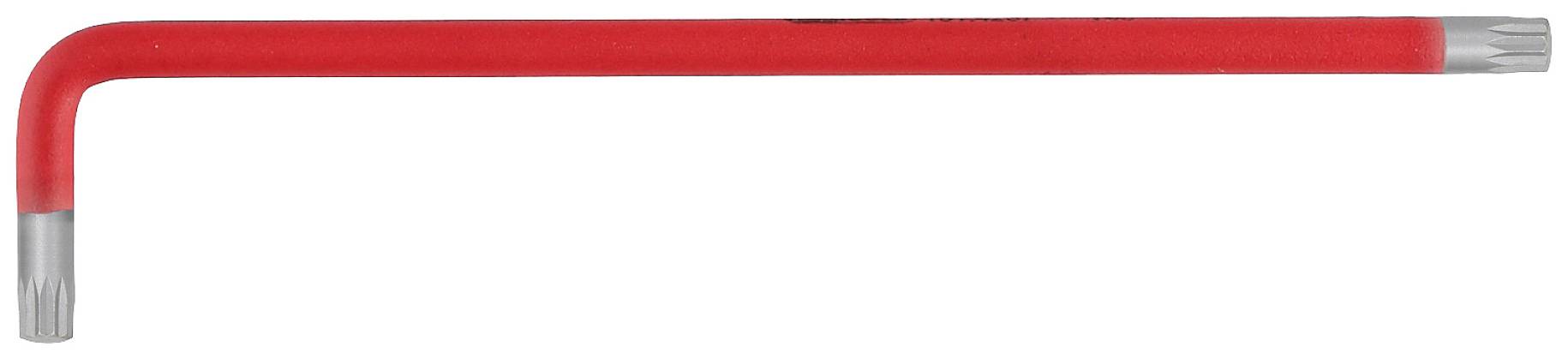 Ein roter Winkelschlüssel mit sternförmigen Enden liegt horizontal.