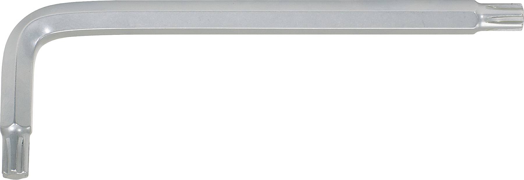 Ein silberfarbener Winkelschlüssel in L-Form, der häufig zum Anziehen oder Lösen von Torx-Schrauben verwendet wird.