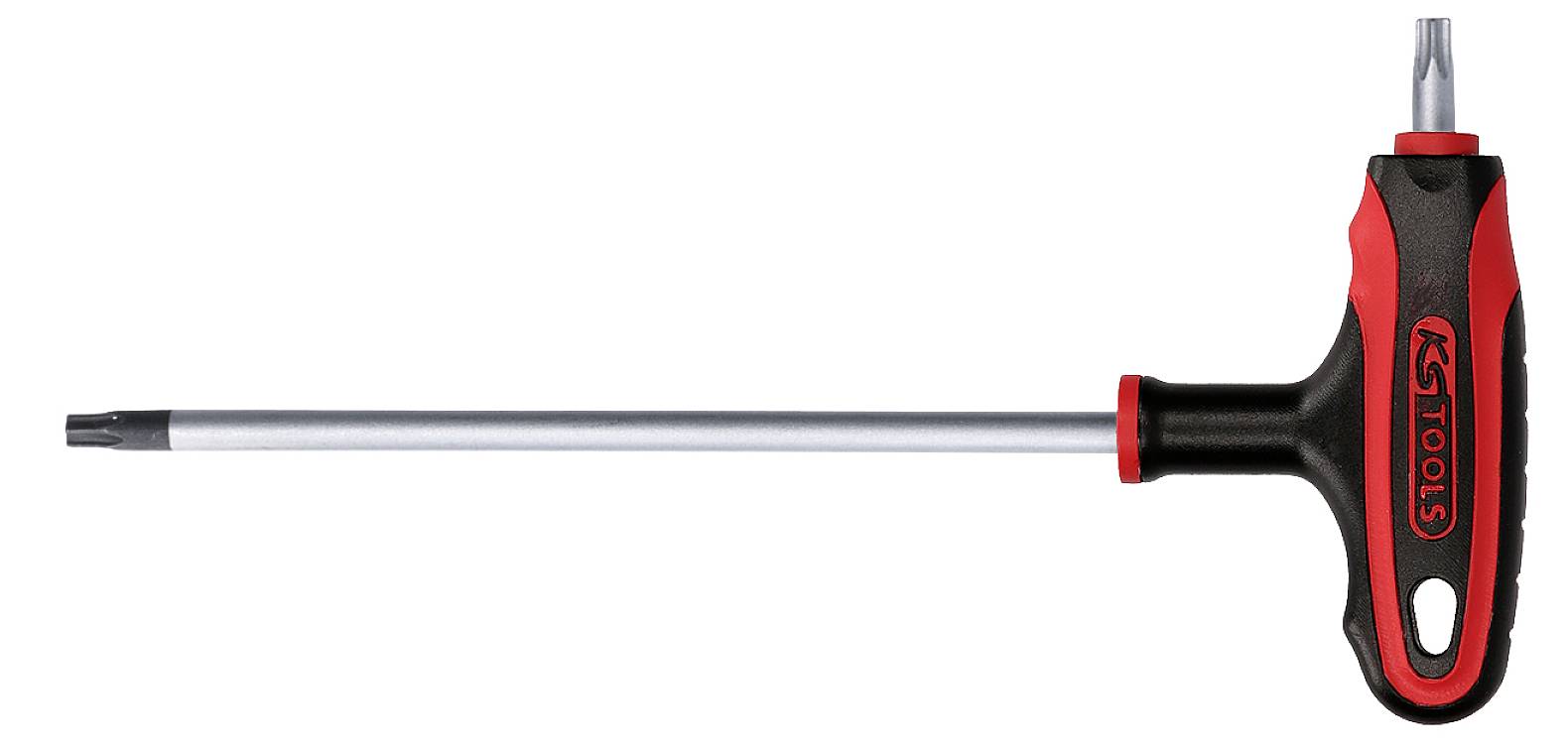 Ein T-Griff-Torx-Schraubendreher mit schwarzen und roten Griffen, geeignet für Arbeiten, die hohen Druck erfordern.
