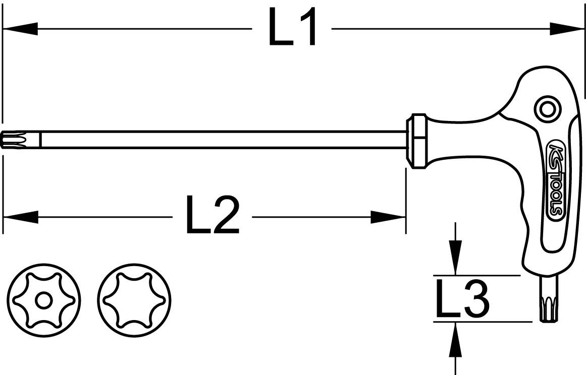 Zeichnung eines T-Griff-Schraubendrehers mit Abmessungen L1, L2, L3. Werkzeugmarkierung und zwei verschiedene Schraubenkopfansichten.