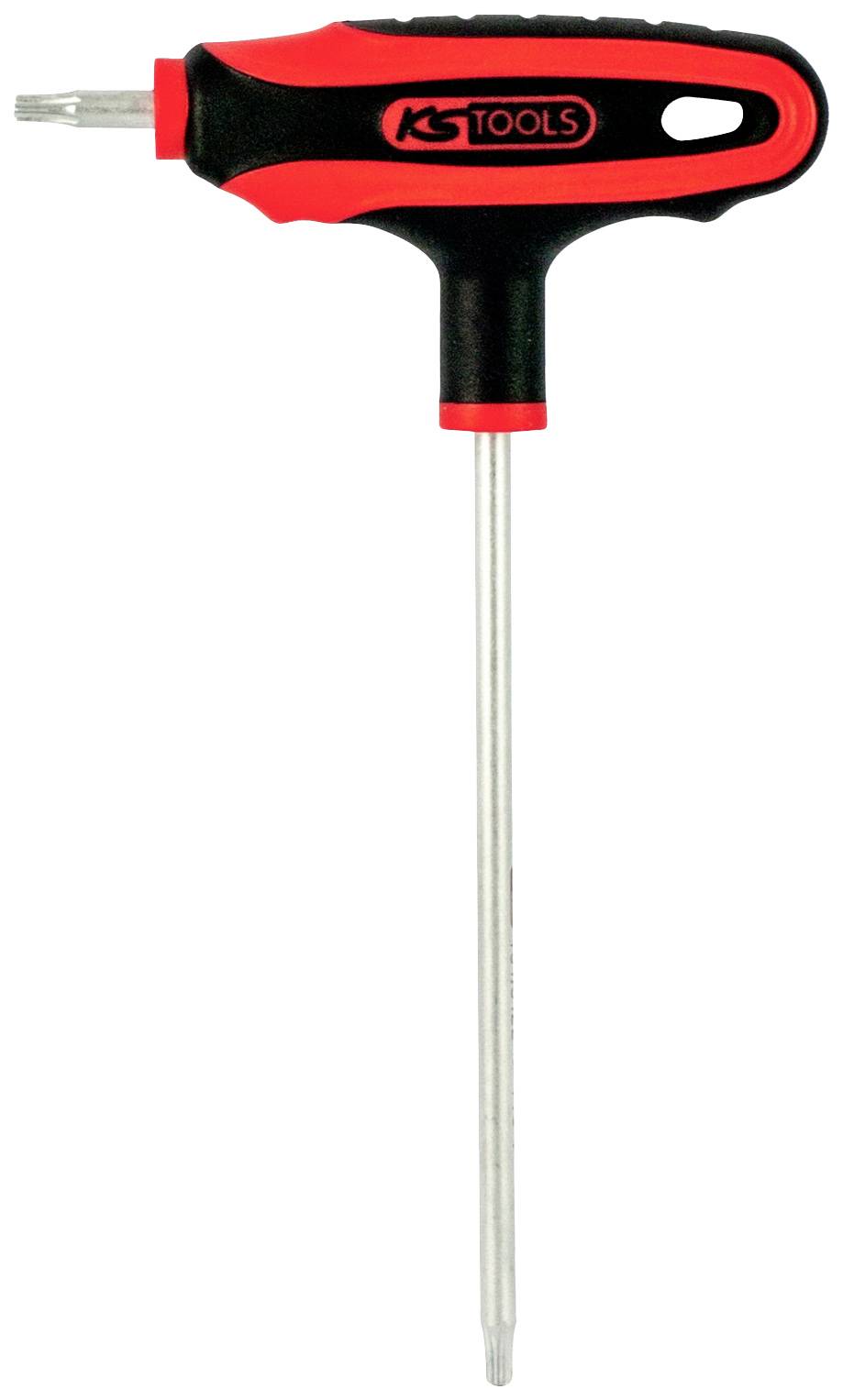 Ein roter und schwarzer T-Griff-Schraubendreher mit der Aufschrift 'KS Tools' auf dem Griff.
