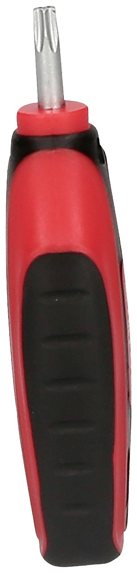 Ein roter und schwarzer Schraubendreher mit ergonomischem Griff, seitlich abgebildet.