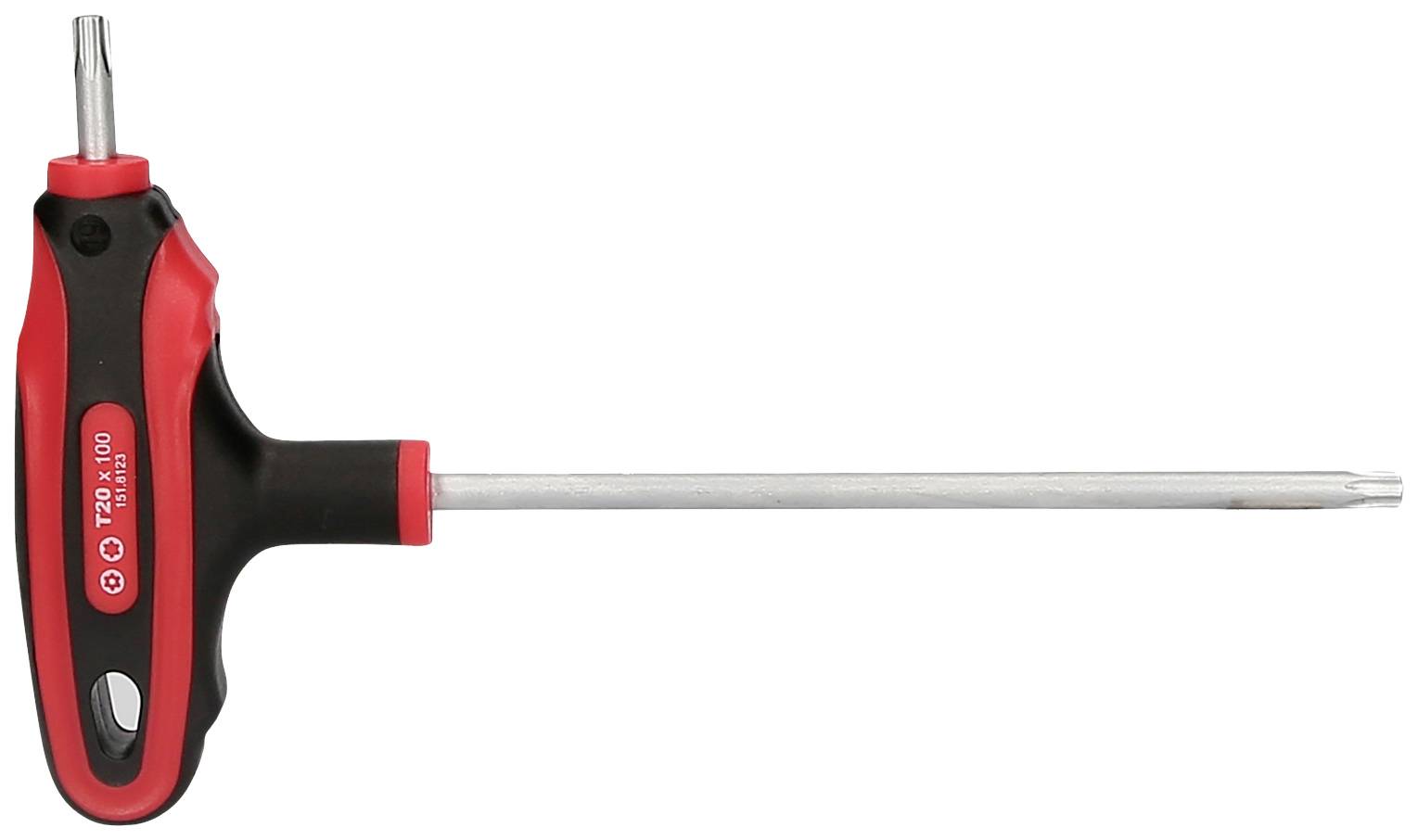 Ein roter T-Griff-Schraubendreher mit langem, schmalem Schaft und einem Torx-Bit-Aufsatz. Ideal für schwere Anwendungen.