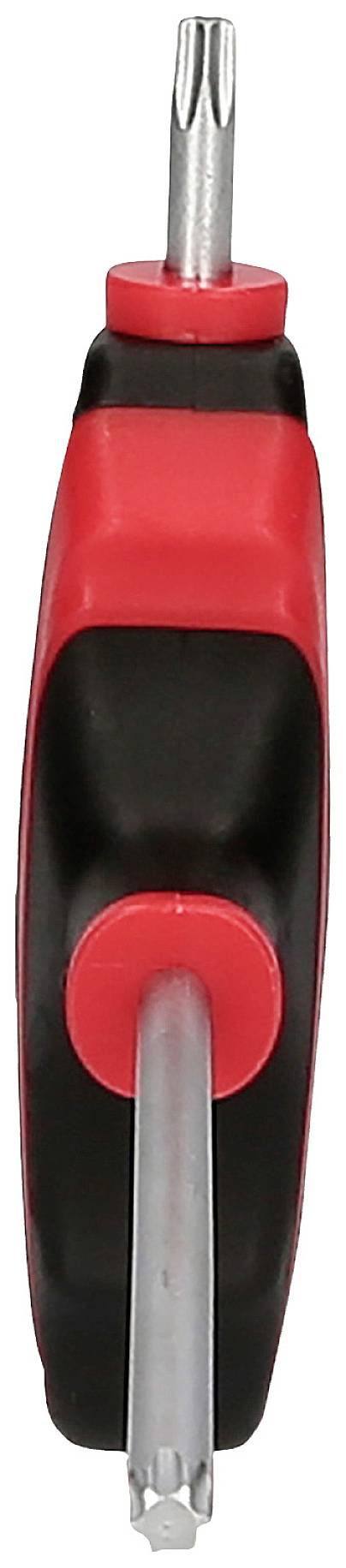 Ein roter und schwarzer Schraubendreher mit auswechselbaren Bits, die oben und vorne sichtbar sind.
