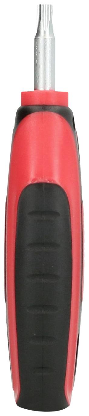 Roter und schwarzer Schraubendreher mit austauschbarem Kopf, seitliche Ansicht.