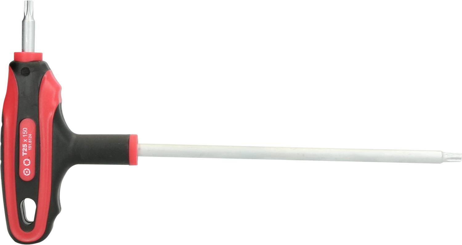 T-förmiger Schraubendreher mit rotem und schwarzem Griff, langer Schaft, Spitze geeignet für Torx-Schrauben.