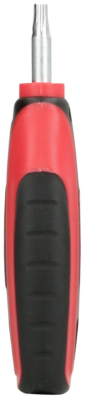 Ein roter und schwarzer Schraubendreher mit einem metallischen Bit, vertikal abgebildet.