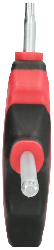 Schwarz-roter Schraubendreher mit einem metallischen Bit auf beiden Seiten, seitlich gesehen.