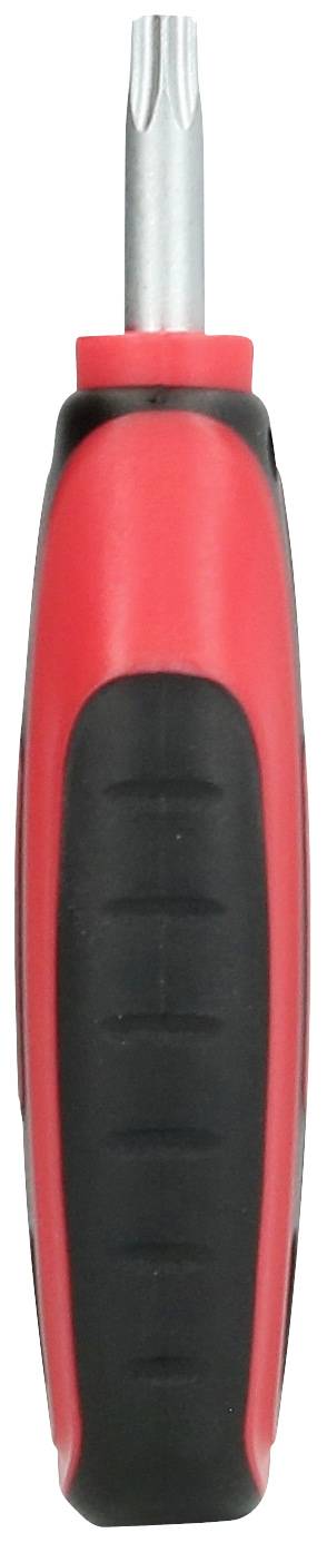 Ein roter und schwarzer Schraubendreher mit ergonomischem Griff und sternförmiger Spitze; Ansicht von der Seite.