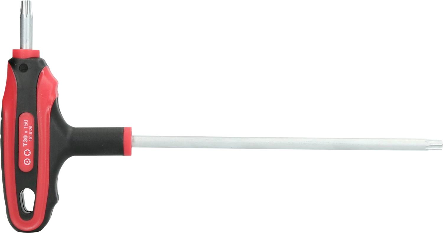 T-förmiger Schraubendreher mit rotem und schwarzem Griff. Der Schaft ist lang und silbern, mit einem Torx-Kopf an der Spitze.