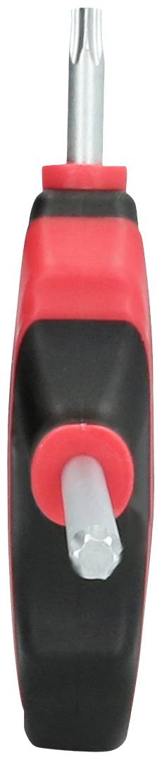 Ein rotes und schwarzes handbetriebenes Ratschenwerkzeug mit Metallbitaufnahme, von der Seite gesehen.