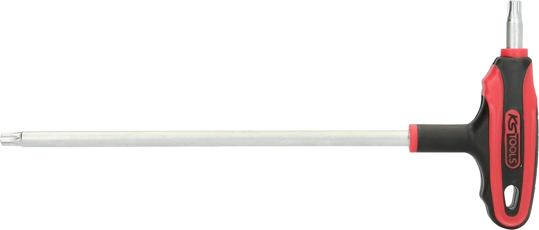 Ein T-Griff-Schraubendreher mit rotem und schwarzem Griff. Der lange Schaft hat einen auswechselbaren Kopf.