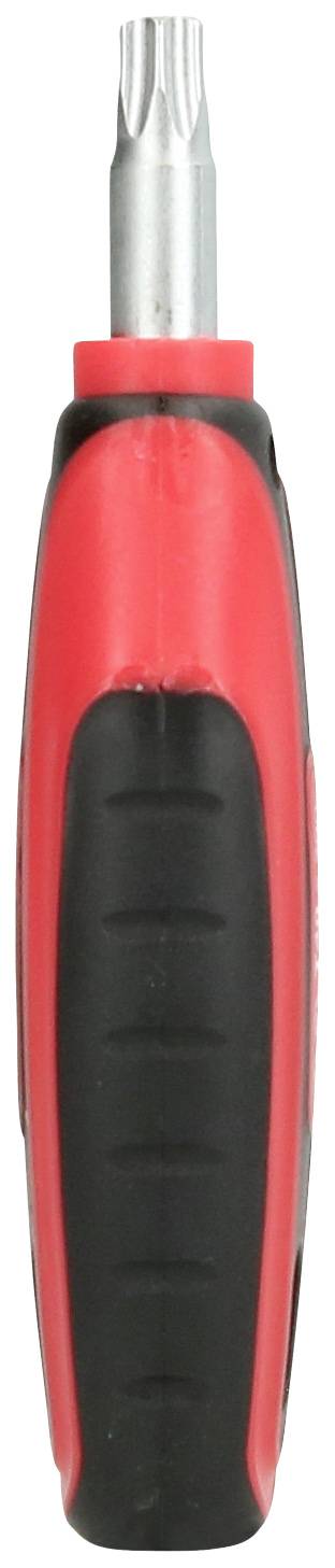 Ein roter und schwarzer Schraubendreher mit einem silbernen Bitaufsatz, vertikal ausgerichtet.