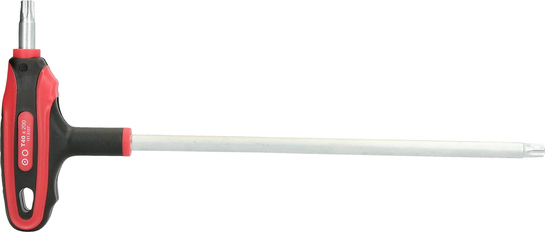 Ein T-Griff-Schraubendreher mit langem Schaft und rotem Kunststoffgriff. Verwendet zum Anziehen und Lösen von Schrauben.