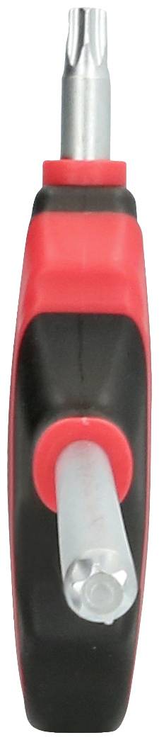 Ein rot-schwarzer handlicher Schraubendreher mit einem metallischen Torx-Bit, das senkrecht aus dem Griff herausragt.