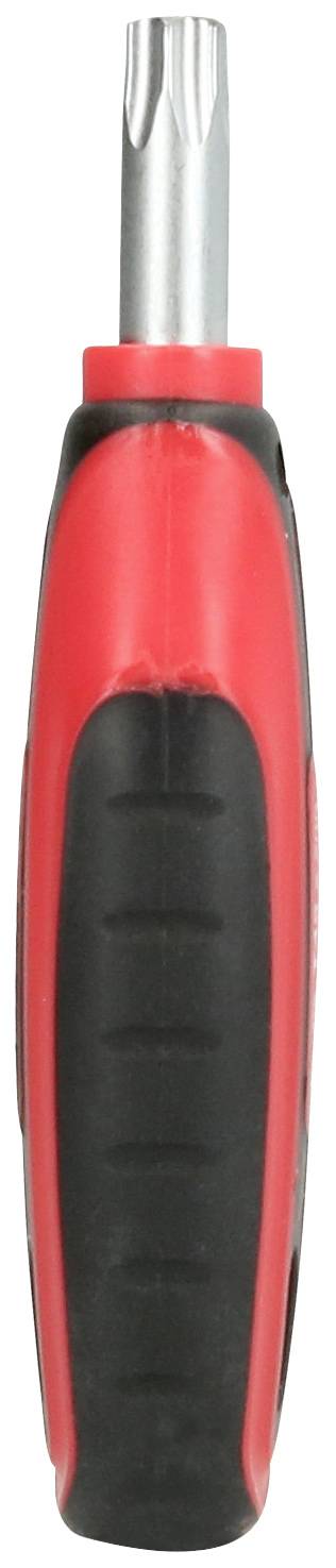 Ein roter Schraubendreher mit schwarzem Griff, Vorderansicht.