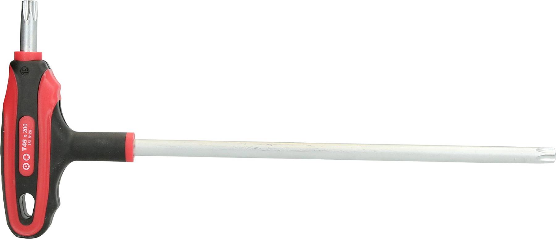 Ein T-Griff-Schraubendreher mit rotem und schwarzem Griff und langem silbernem Schaft, geeignet für Arbeiten an schwer zugänglichen Stellen.