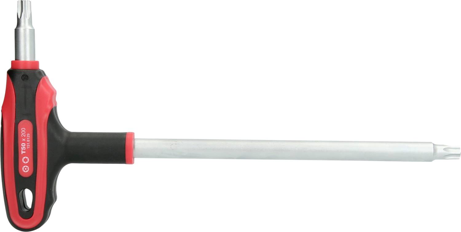 T-Griff-Schraubendreher mit rotem und schwarzem Griff, langer Metallschaft und Torx-Bit. Werkzeug zum Anziehen oder Lösen von Schrauben.