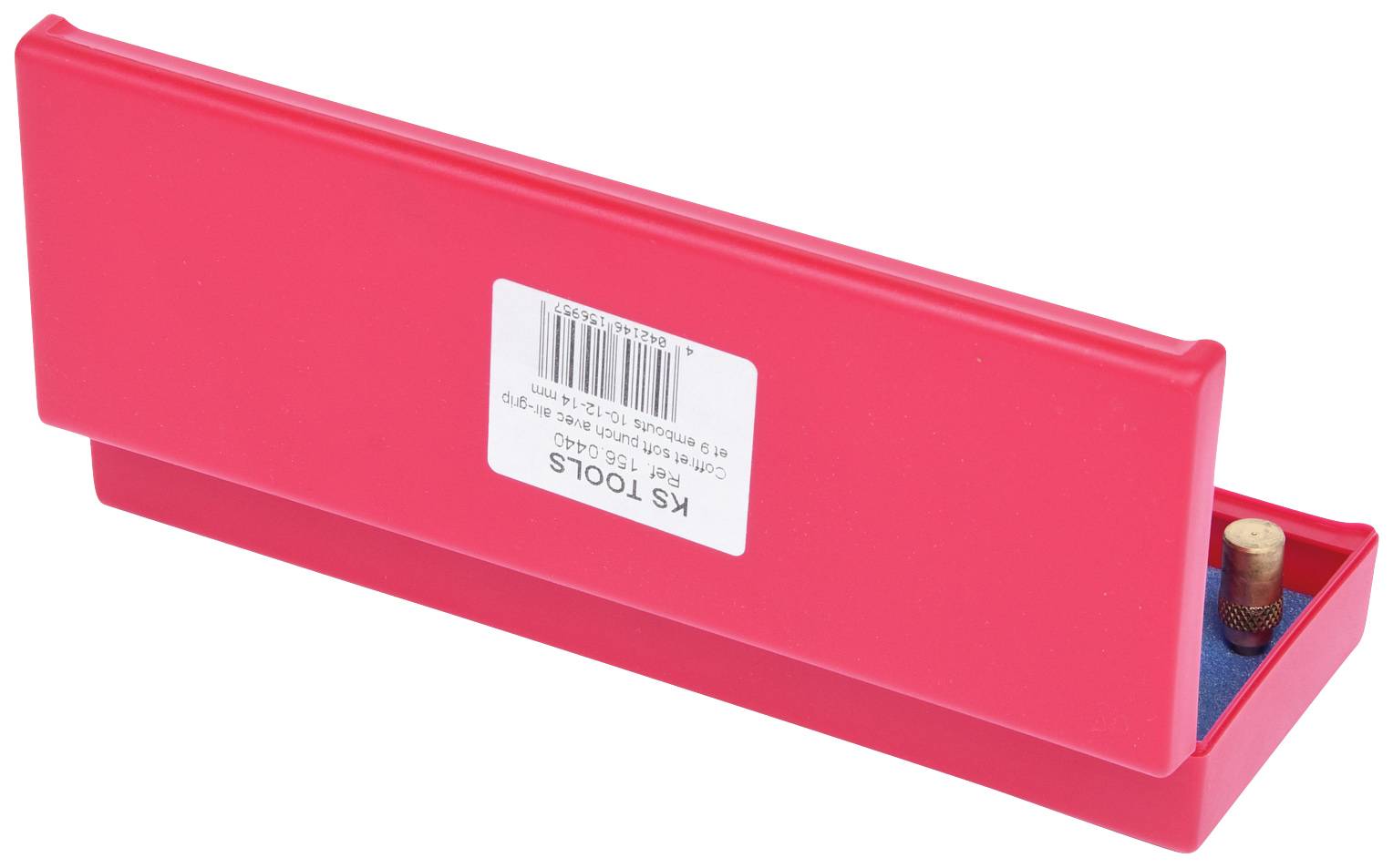 Ein rotes rechteckiges Etui mit einem kleinen runden Knopf neben einer blauen Innenseite. Etikett mit Aufschrift 'KS Tools'.