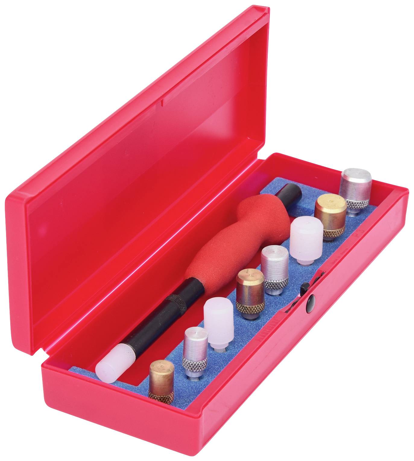 Eine rote Box mit einem Satz von Werkzeugen, bestehend aus einem Griff mit einem rot-weißen Polierelement und mehreren Aufsätzen.