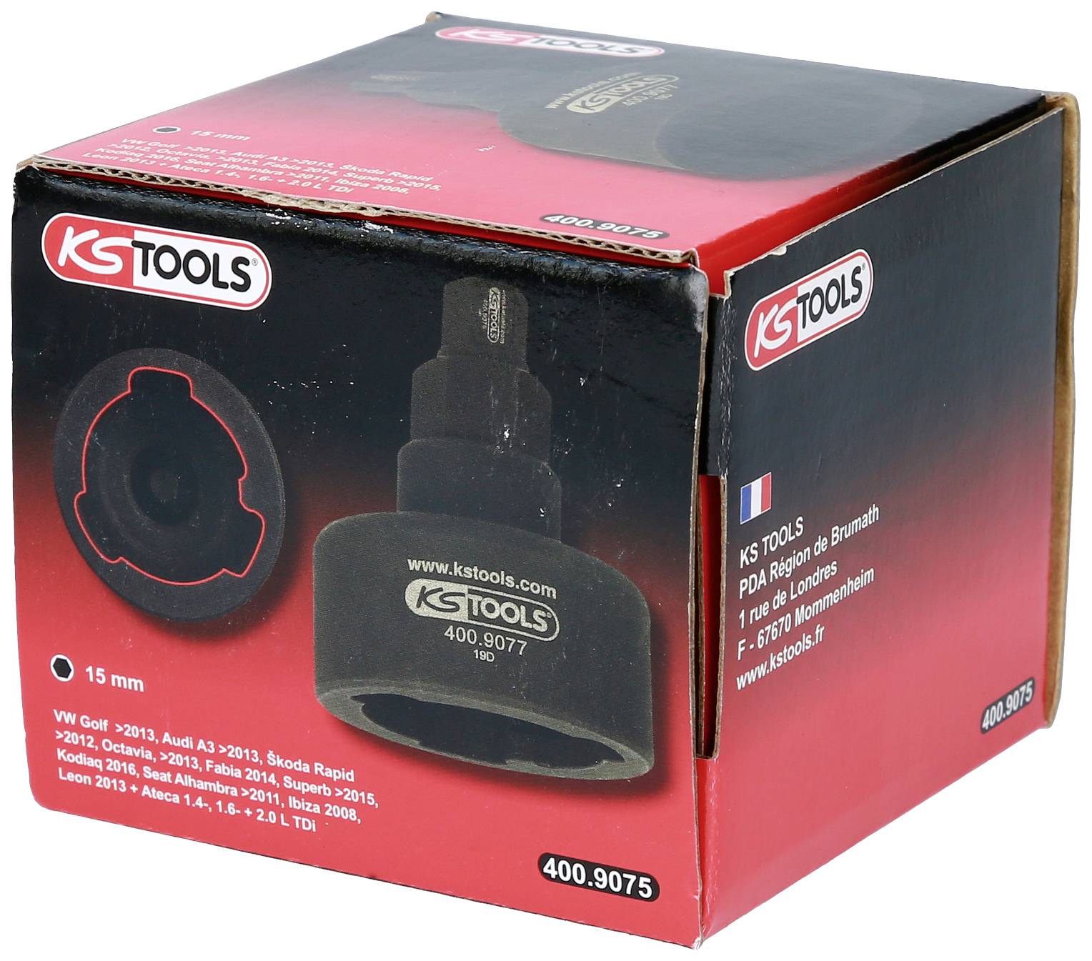 Rote Kartonverpackung für KS Tools Produkt, enthält 15 mm Stecknuss für VW Golf und ähnliche Modelle. Produktnummer 400.9075.