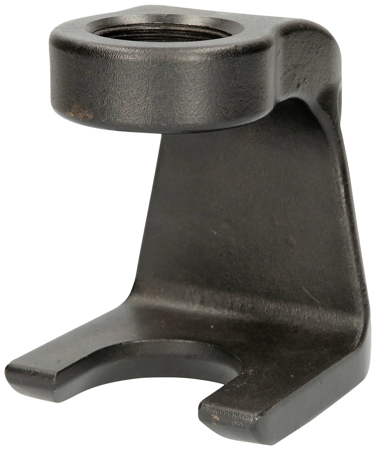 Graues, metallisches Halterungsteil mit U-förmiger Basis und senkrechtem Arm; öffnung oben für Befestigungselemente.