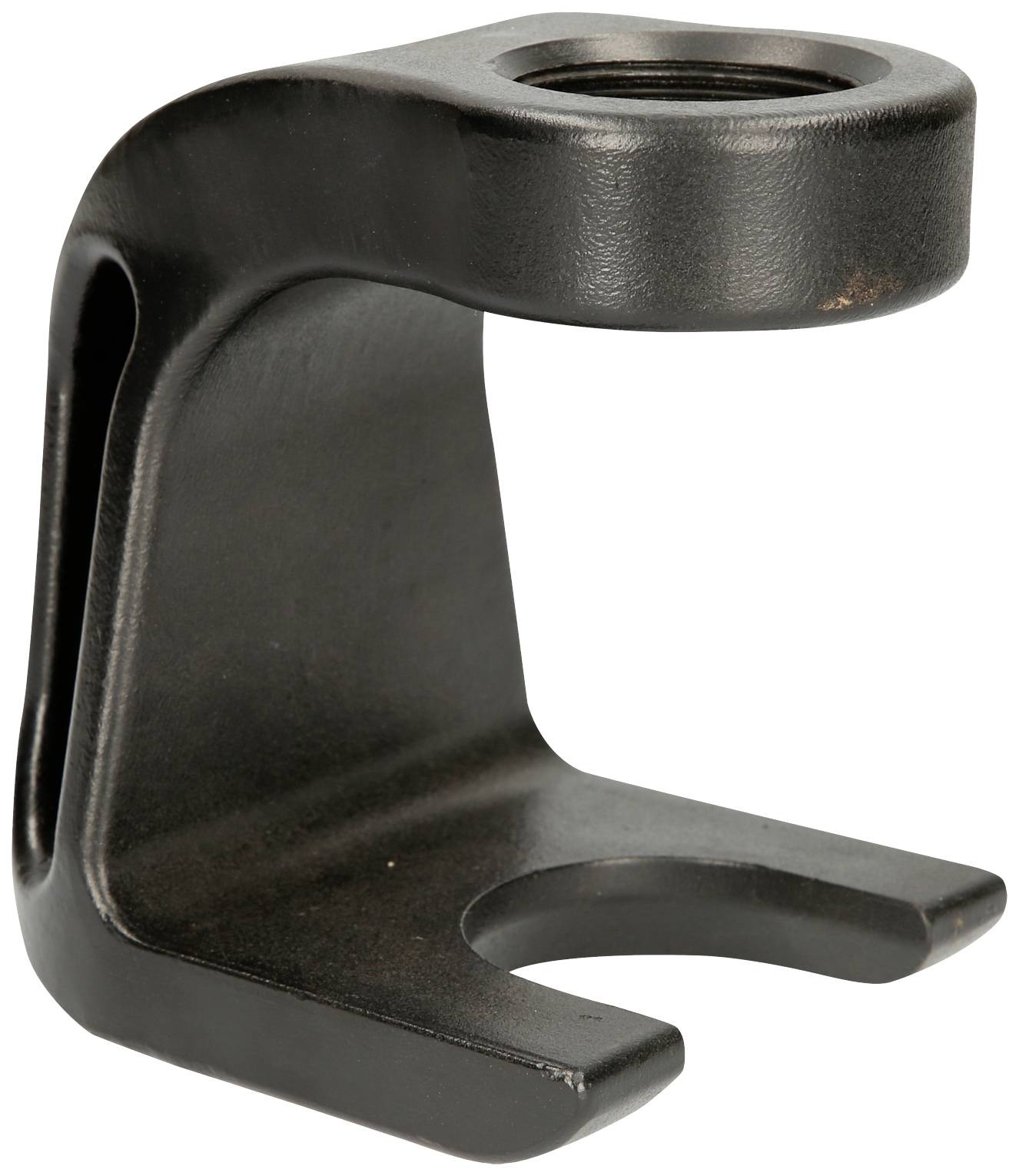 Ein schwarzer, L-förmiger Metallhaken mit einem runden, gewindeförmigen Loch oben und einer offenen Lücke unten.