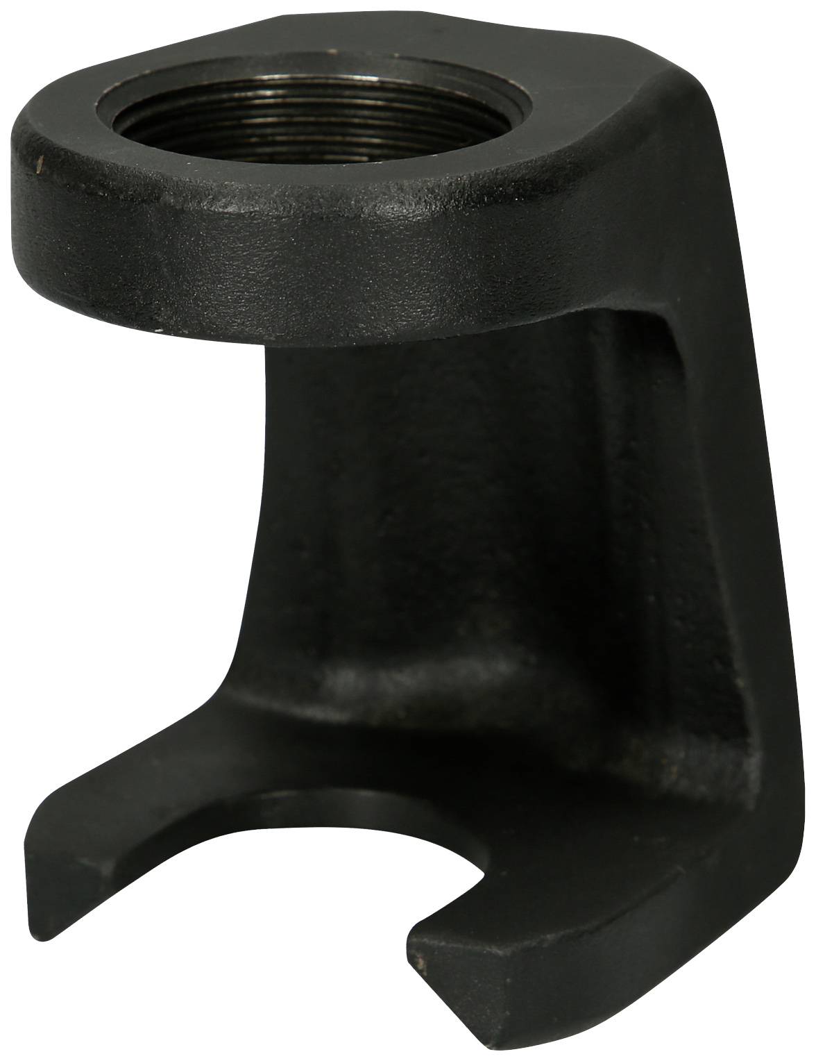 Schwarze Metallhalterung mit einer offenen U-Form und einem Gewinde oben, geeignet zur Befestigung oder Unterstützung von Bauteilen.