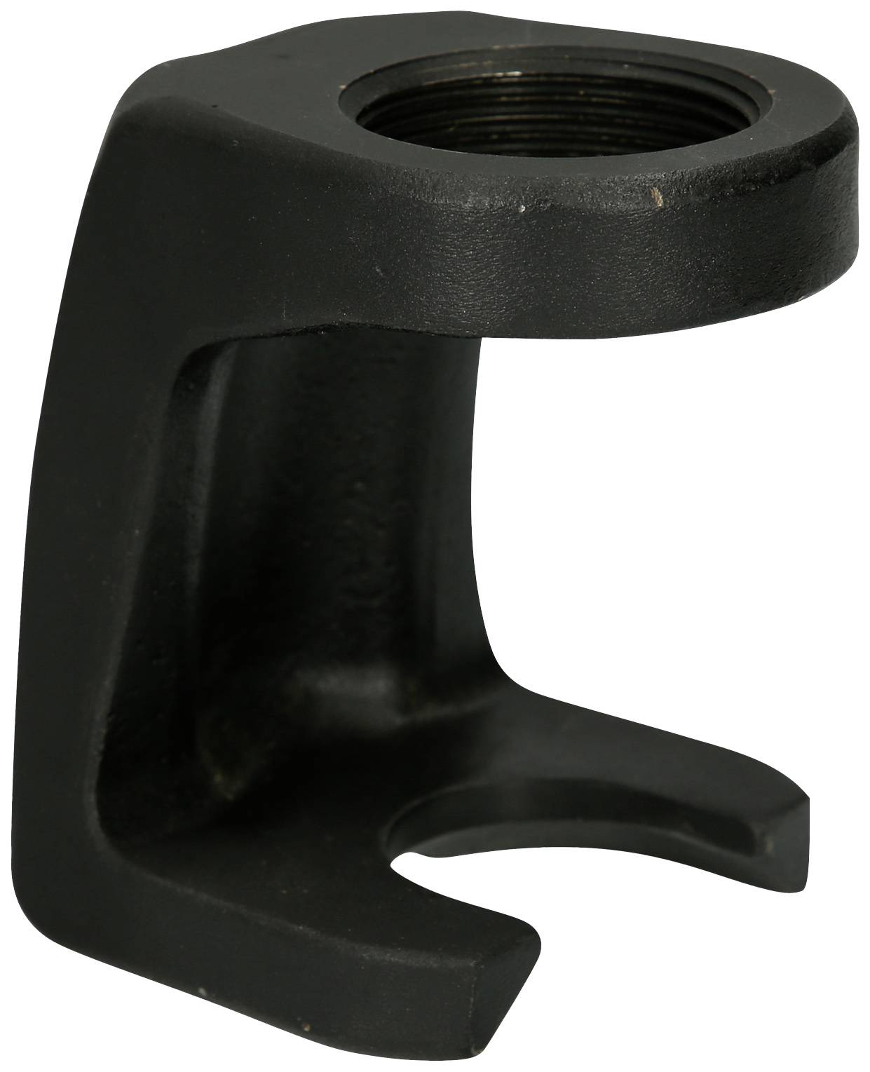 Schwarzes, metallisches Bauteil in Hakenform, möglicherweise Teil einer mechanischen Vorrichtung. Oben mit Schraubgewinde ausgestattet.