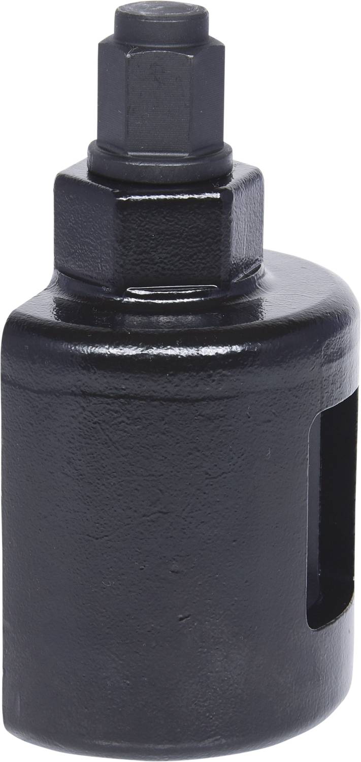 Ein schwarzer, metallischer Schraubenschlüsseladapter mit sechseckiger Aufnahme, verwendet zum Anziehen oder Lösen von Schraubverbindungen.