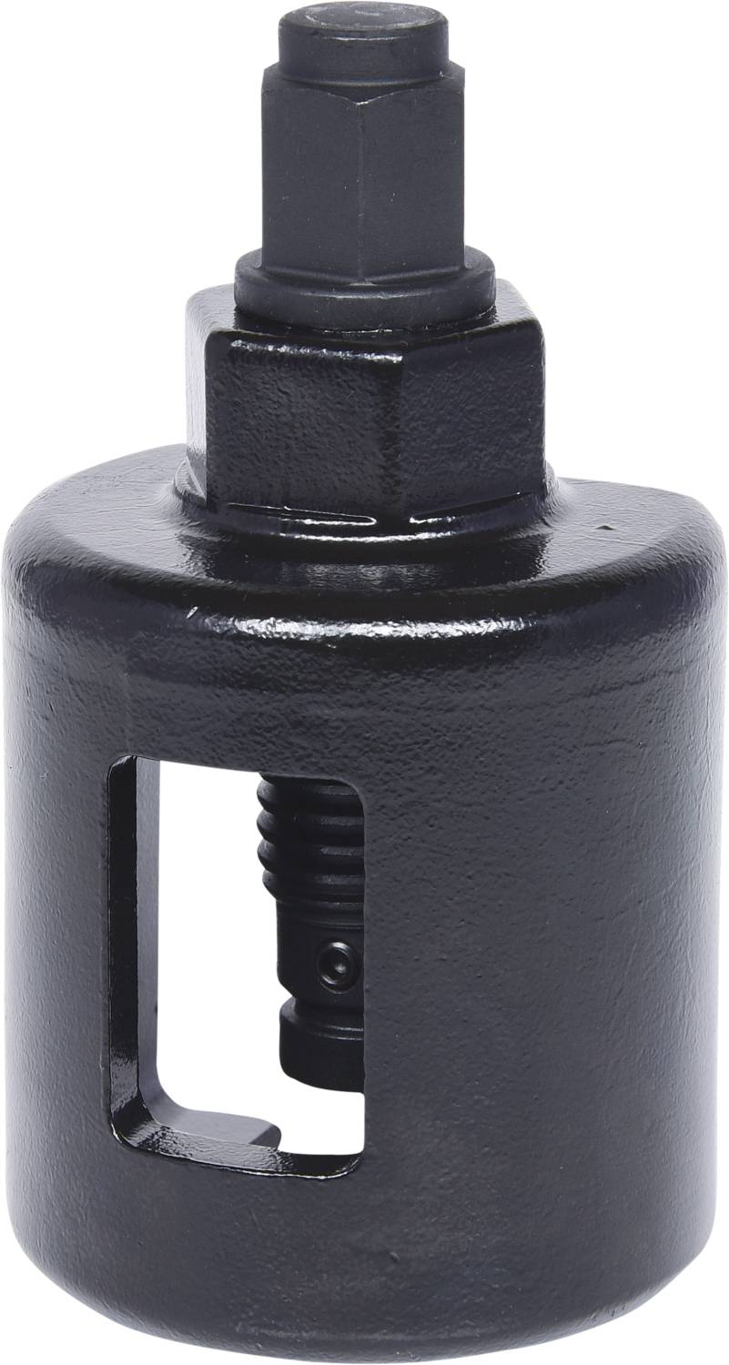 Schwarzes Metallwerkzeug mit zylindrischer Form, Öffnung an der Seite und einstellbarem Schaft oben, verwendet zur mechanischen Anwendung.