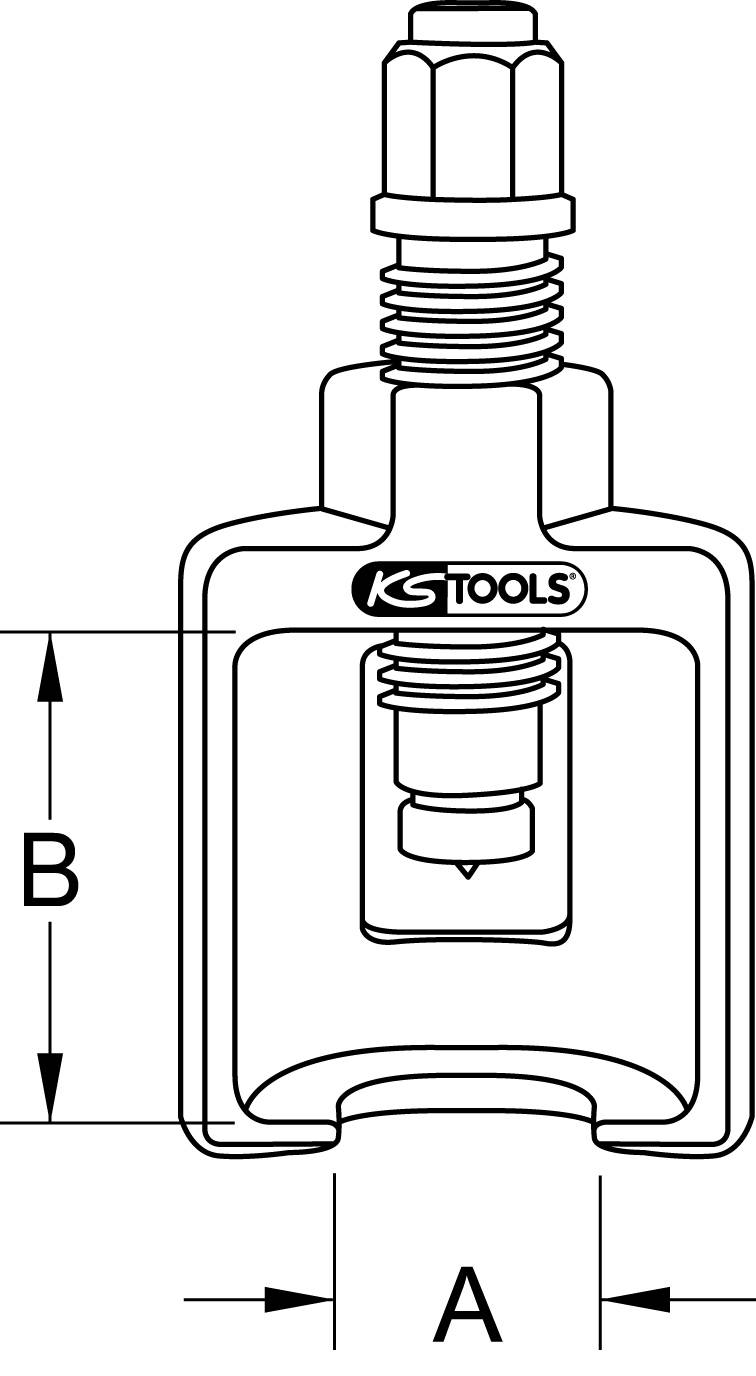 Schematische Zeichnung eines Werkzeugs mit den Maßen A und B. Markierung zeigt 'KS TOOLS'.