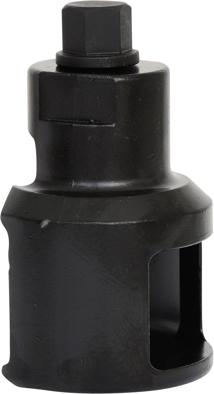 Eine schwarze, sechskantige Stecknuss. Sie hat eine rechteckige Aussparung an der Seite und eine glatte, zylindrische Form.