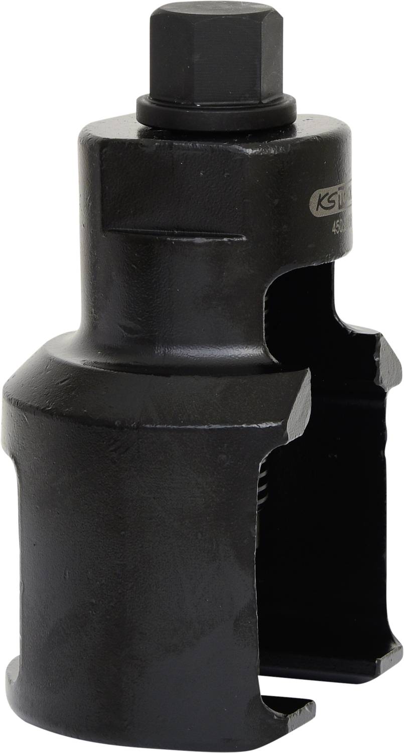 Ein schwarzer Radlagerabzieher aus Metall mit robustem Design und sechskantiger Oberseite zur Befestigung an einem Werkzeug.