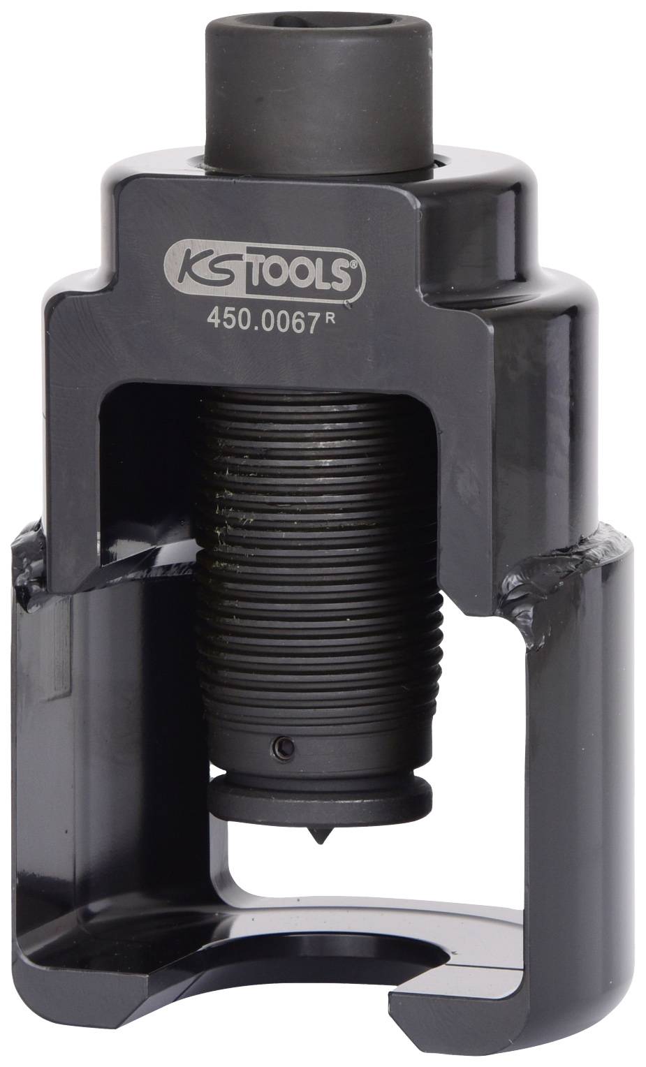 Das Bild zeigt ein schwarzes Werkzeugteil mit der Aufschrift 'KS TOOLS 450.0067R'. Es hat einen zylindrischen Körper und enthüllt einen innenliegenden Mechanismus.