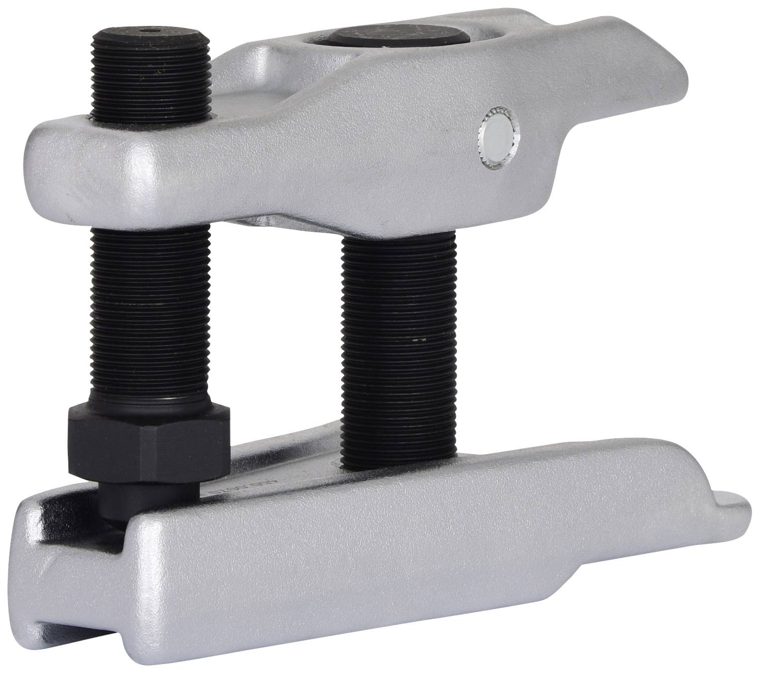 Ein silberner Abzieher mit zwei Schrauben, die sich gegenüberstehen. Das Werkzeug dient zum Entfernen von Teilen wie Zahnrädern oder Lagern.