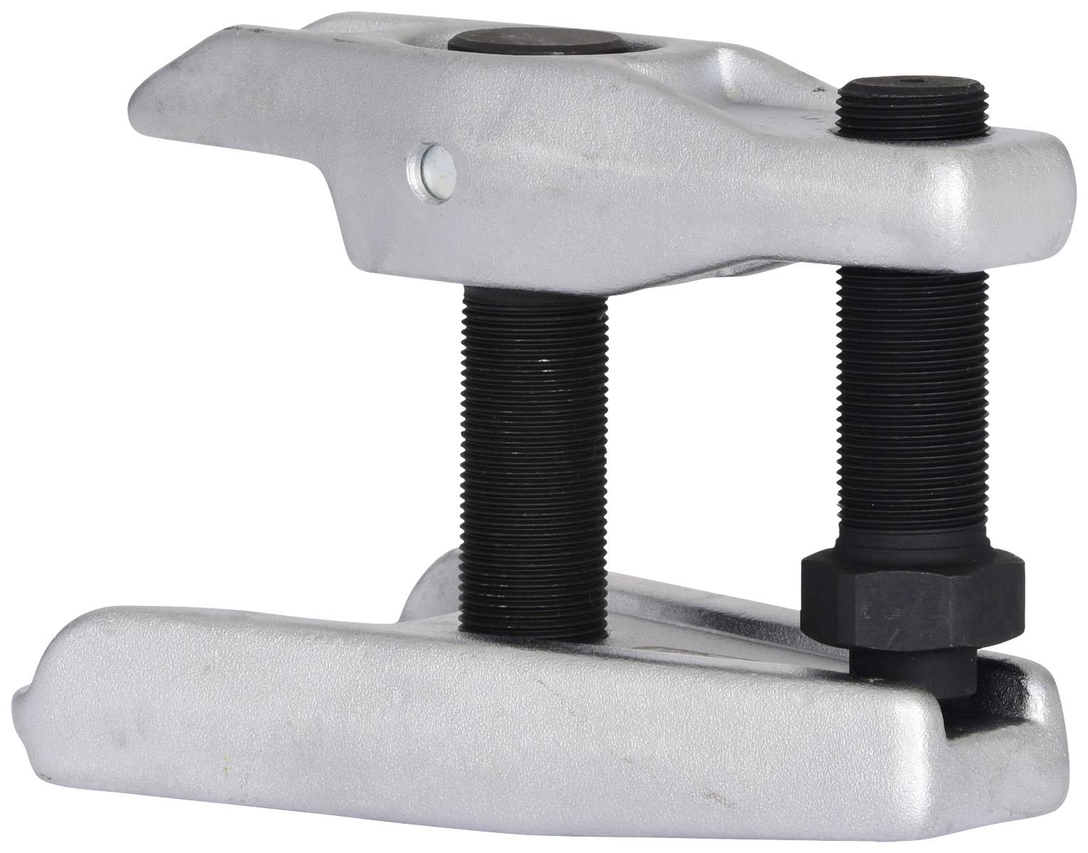 Eine silberne Schraubzwinge mit schwarzer Schraube, verwendet zur Befestigung oder Sicherung von Werkstücken in der Holz- oder Metallbearbeitung.