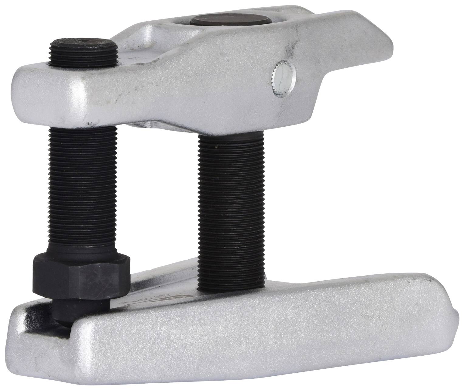 Silberner Kugelgelenk-Ausdrücker mit Schraubmechanismus, seitlich betrachtet. Werkzeug zum Lösen von Kugelgelenken.