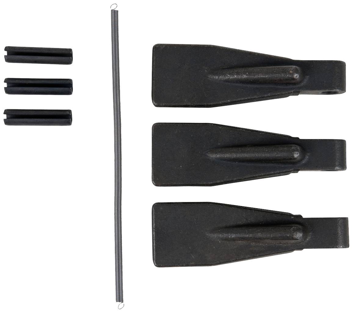 Drei schwarze Schlegelhämmer mit Halterungen und kleinere schwarze Befestigungsteile, die eine Ersatzteilanordnung für Maschine darstellen.