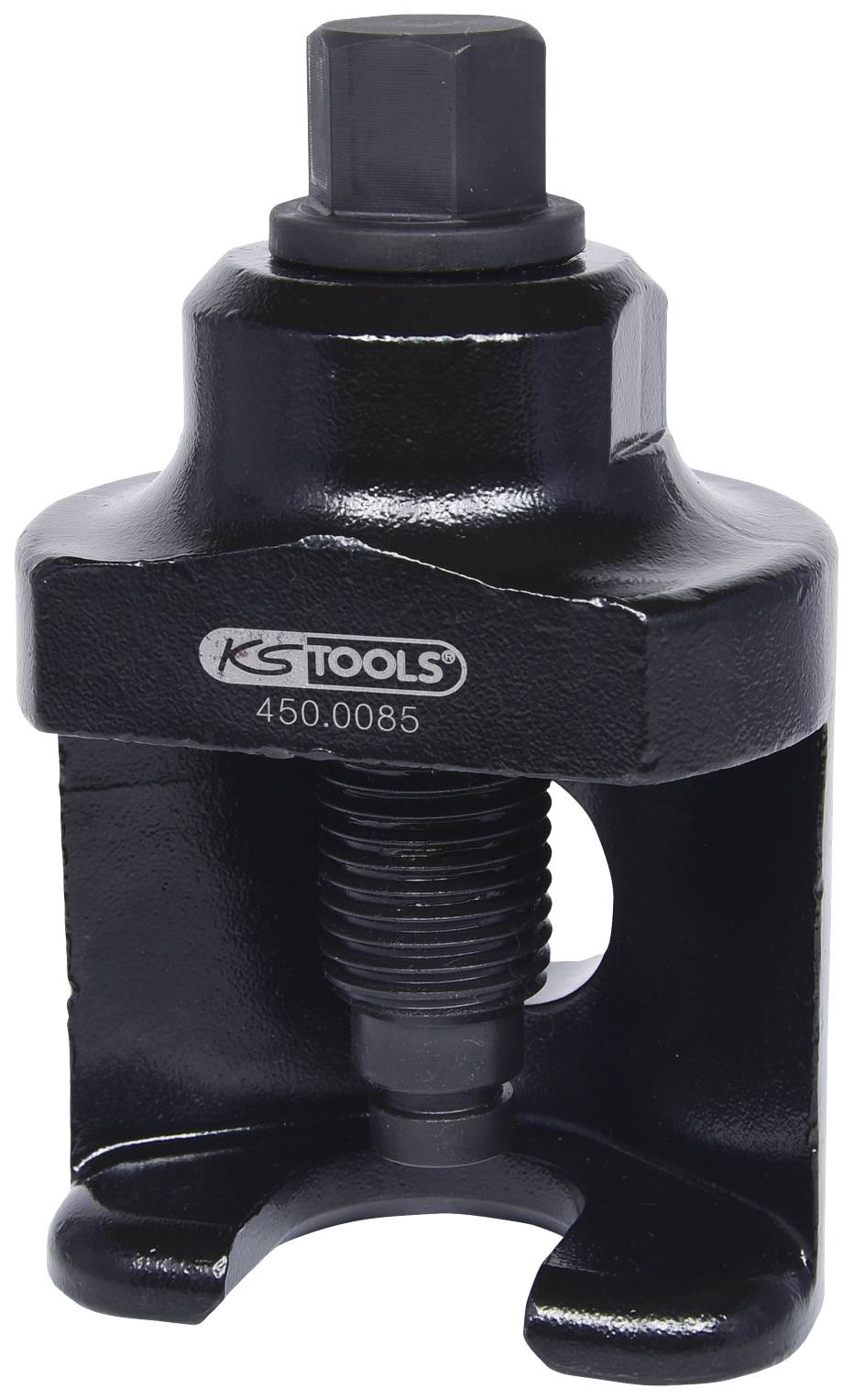 Ein schwarzer Kugelgelenkabzieher mit Schraubmechanismus von KS Tools. Modellnummer 450.0085 ist auf der Vorderseite sichtbar.