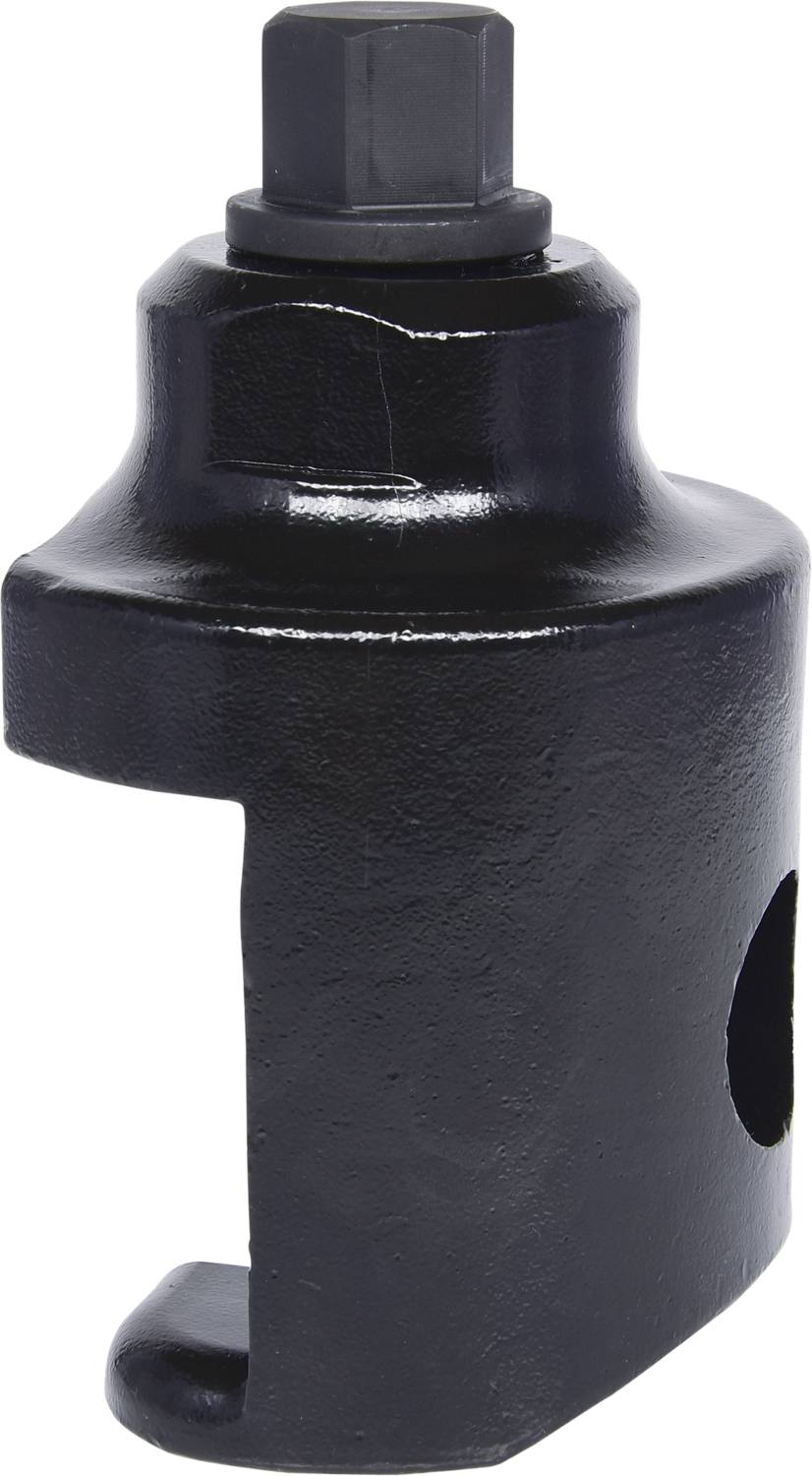 Ein schwarzes mechanisches Werkzeug mit zylindrischer Form und eckigem Aufsatz, möglicherweise ein Spezialwerkzeug für die Fahrzeugreparatur.